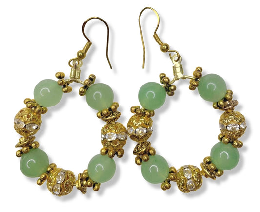 Green Gemstone and Gold Rhinestone Hoop Earrings